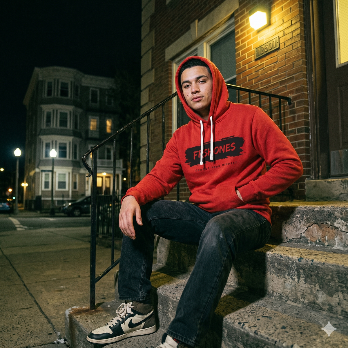 Person wearing a red hoodie sitting on steps at night.