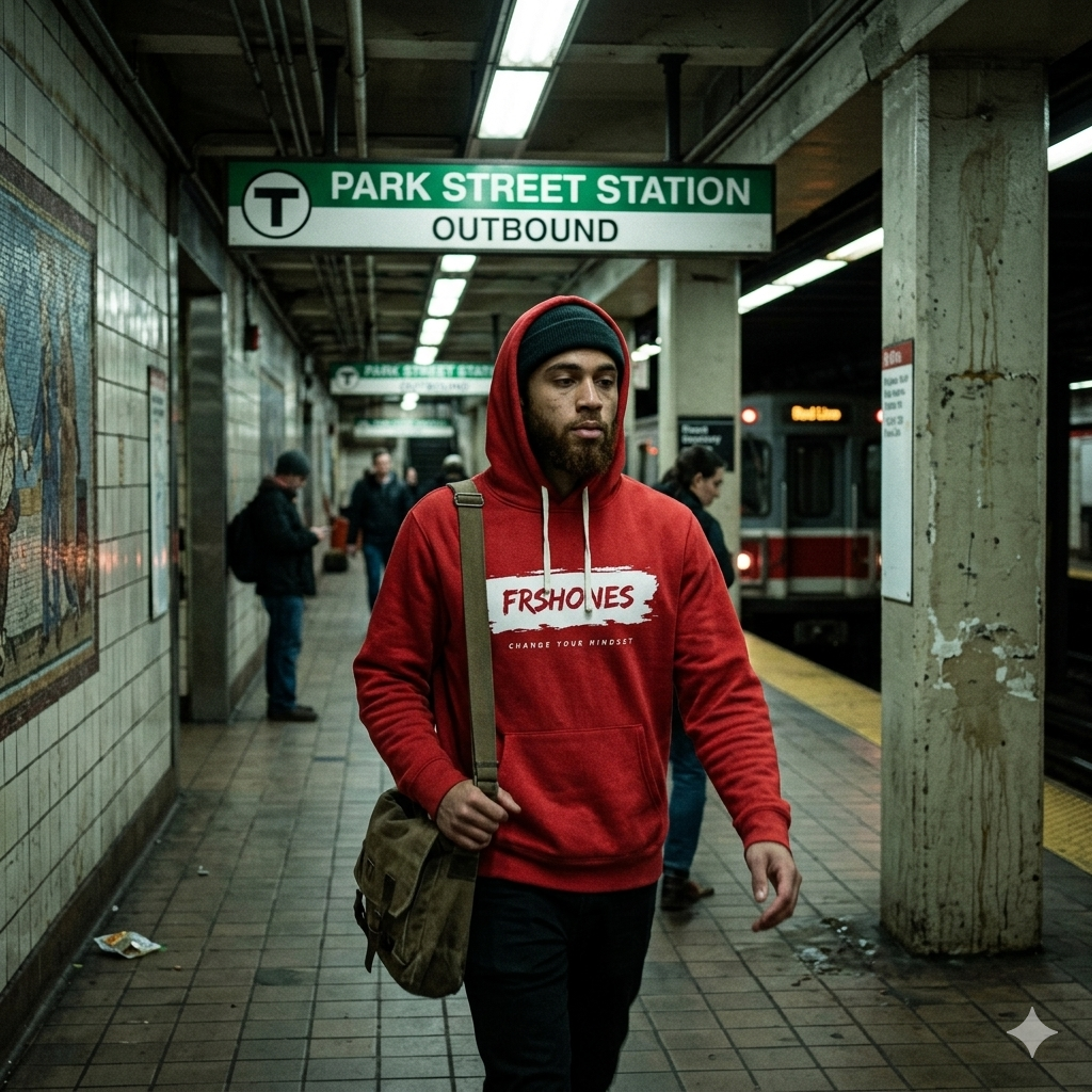 Person wearing a red hoodie with 'FRESHHOVES' on it in a subway station.