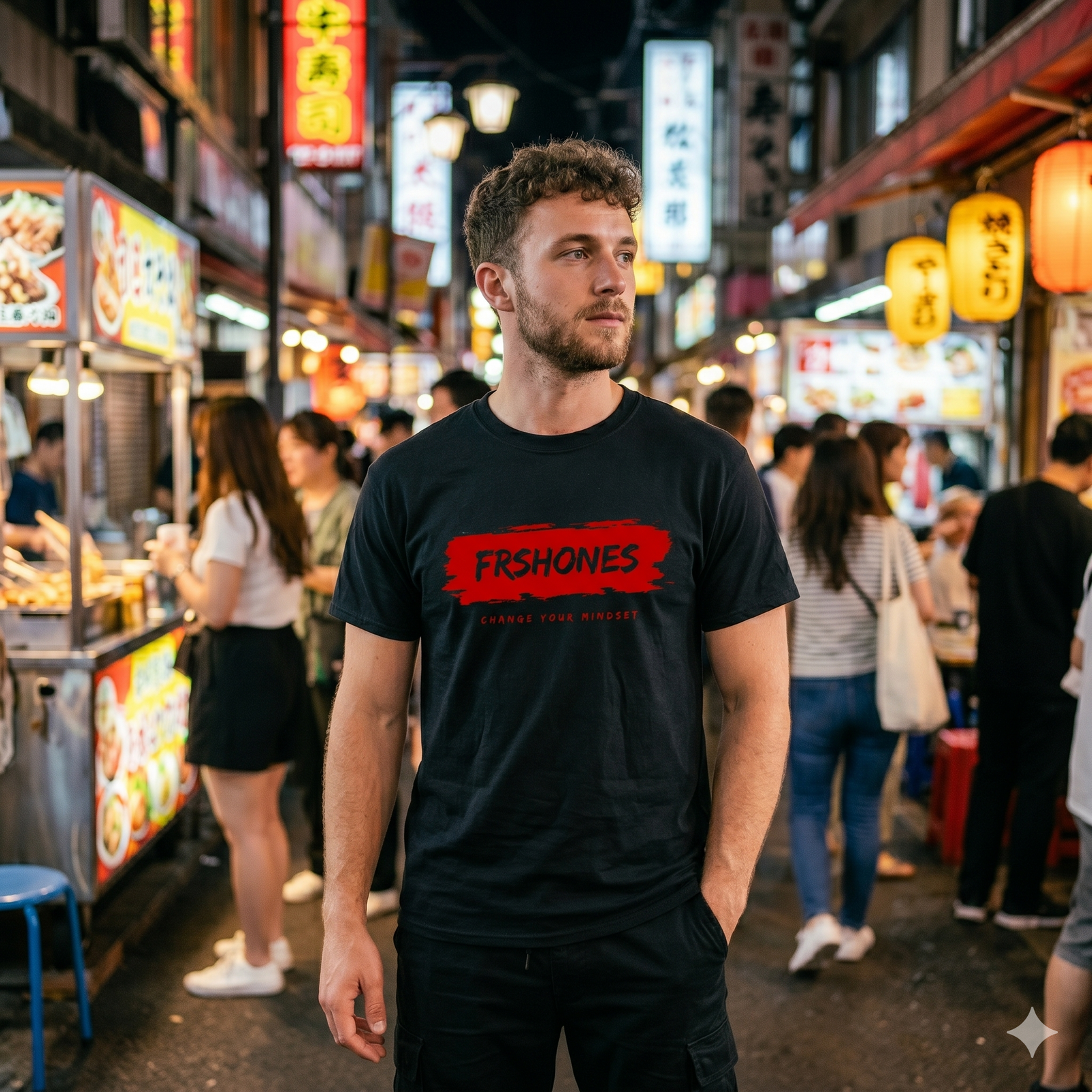 Man wearing a black t-shirt with 'FRSHONES' logo in a bustling street market at night.