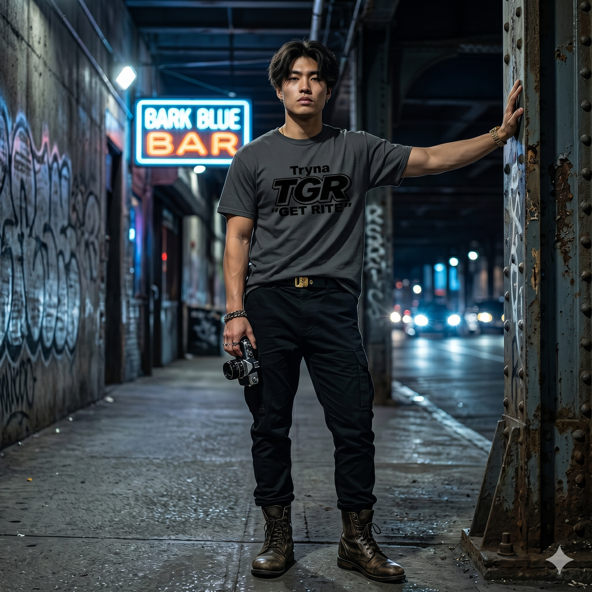 Person wearing a gray t-shirt with text, standing in an alleyway with neon signs.