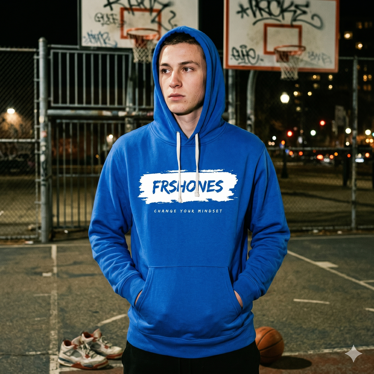 Person wearing a blue hoodie with 'FRSHMEN' logo on a basketball court at night.