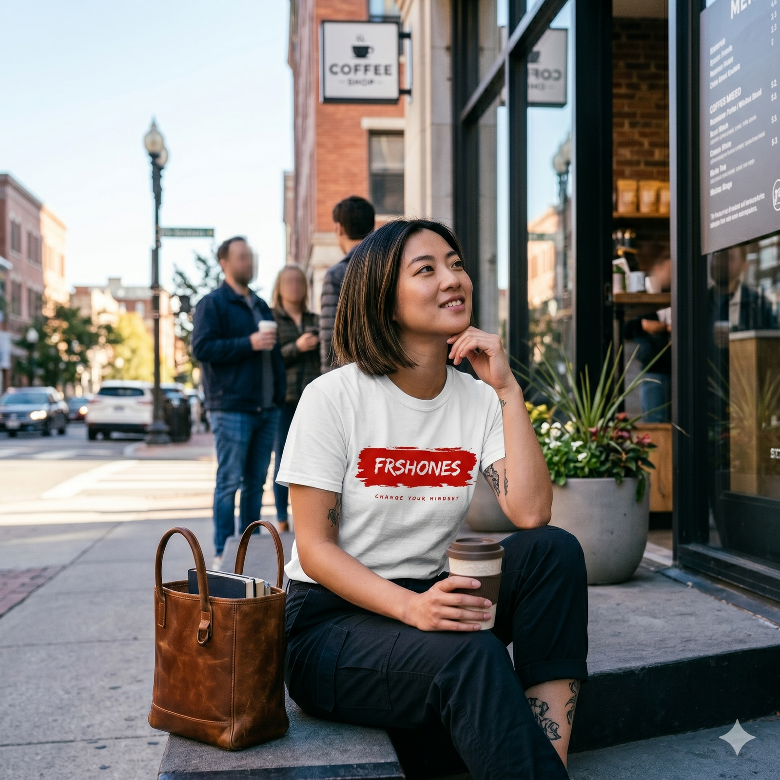 Woman sitting on a sidewalk holding a coffee cup, wearing a 'Frshones' t-shirt, with a coffee shop in the background.