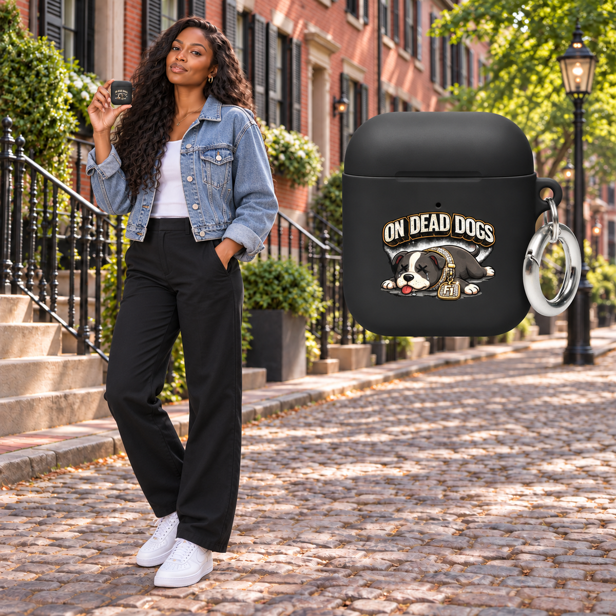 Black adult woman posing in Boston with the On Dead Dogs black AirPods case and matching floating product
