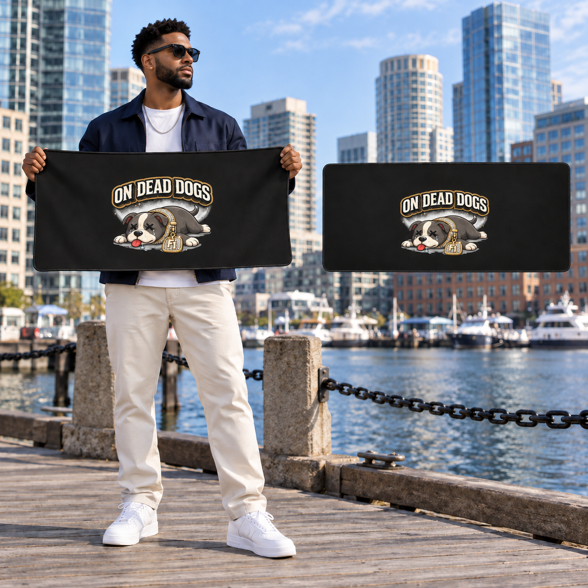 Black adult model in Boston with 36 by 18 inch On Dead Dogs gaming mouse pad and enlarged central artwork