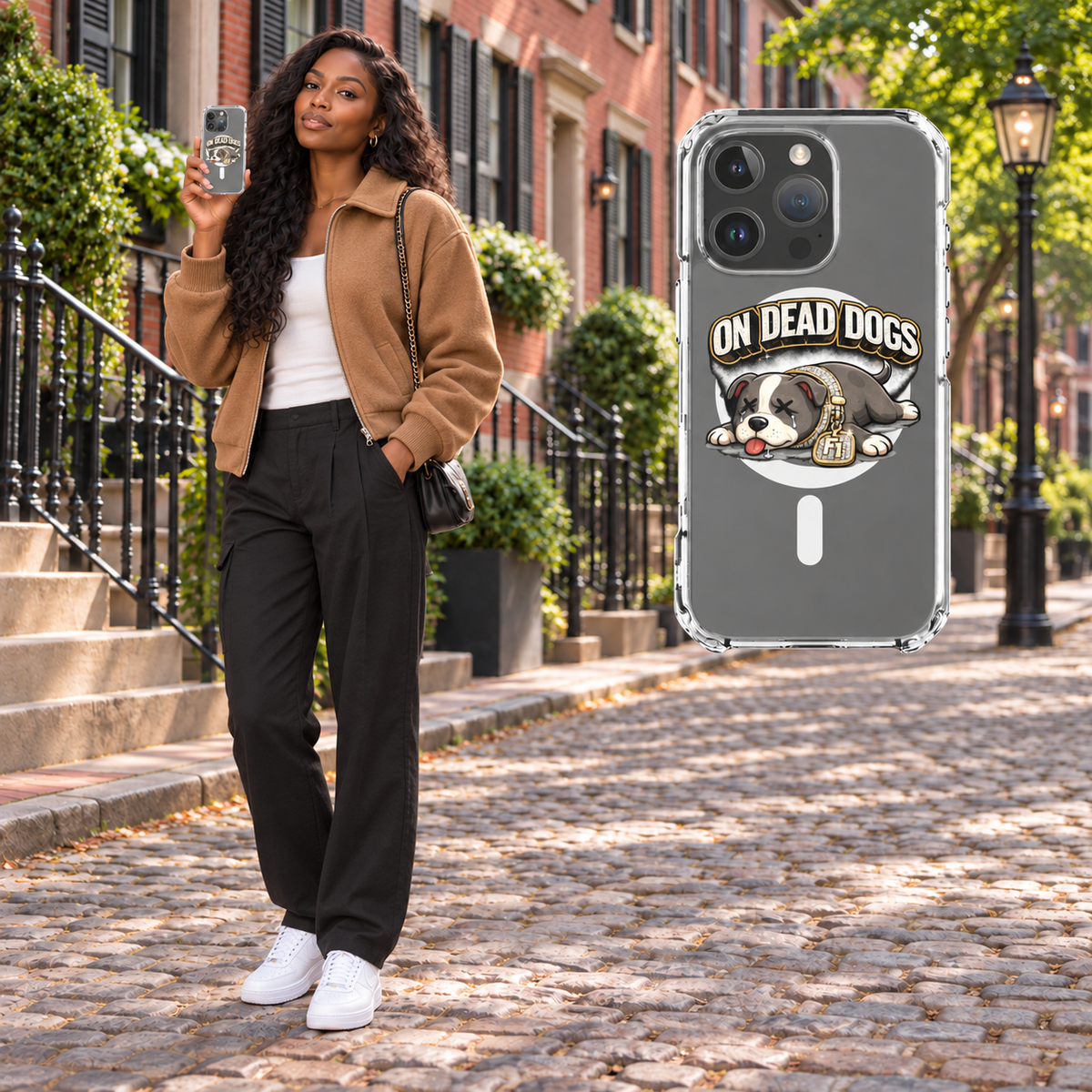 Black adult model in Boston holding On Dead Dogs MagSafe clear iPhone 16 Pro case, with matching enlarged case at right. Phone not included.