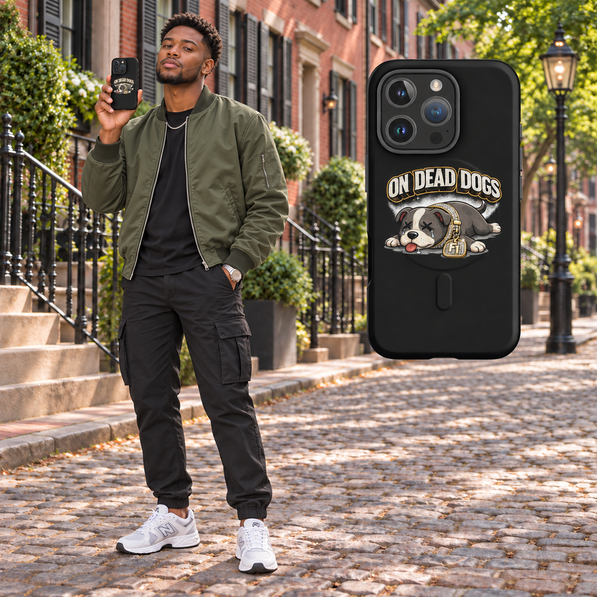 Black adult model posing in Boston with On Dead Dogs MagSafe matte tough iPhone 16 Pro case, matching enlarged case at right. Phone not included.