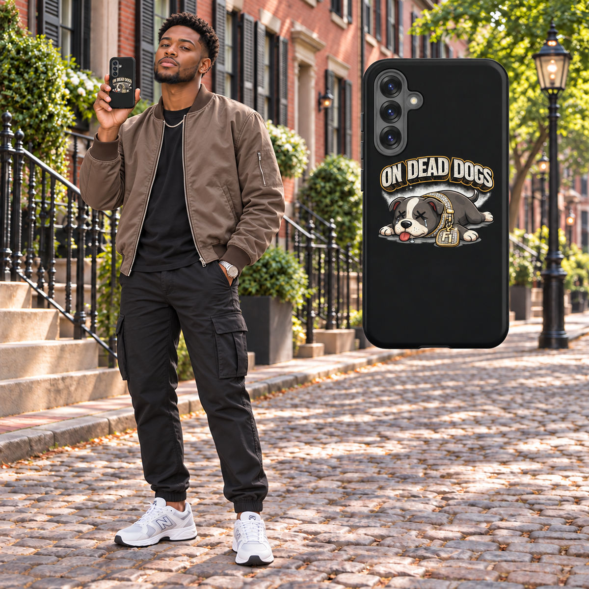 Black adult model in Boston holding On Dead Dogs matte tough Samsung Galaxy S25 case, matching floating case. Phone not included.