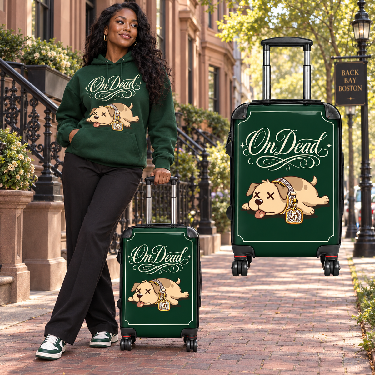 Black model in Boston with the On Dead Forest Club hard-shell suitcase and matching hoodie
