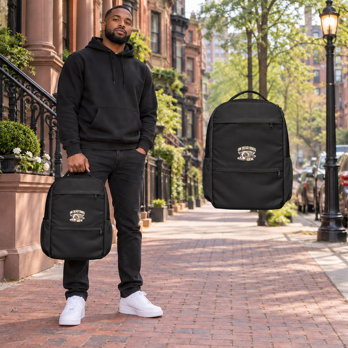Black adult model with On Dead Dogs utility backpack in Boston, with matching floating accessory.