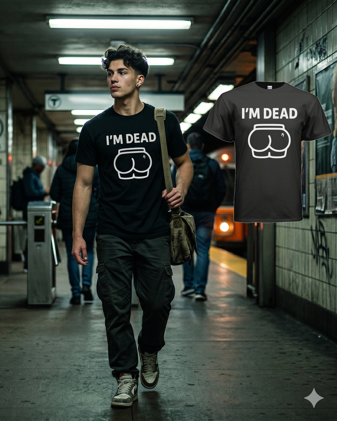 Male model wearing the Black Im Dead T-shirt beside the matching floating garment in a Boston transit station