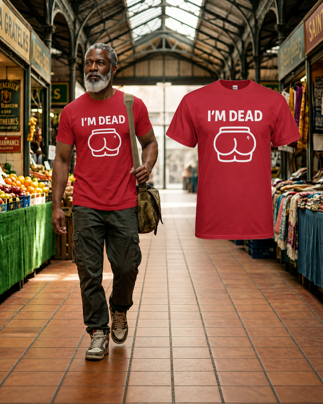 Male model wearing the Red Im Dead T-shirt beside the matching floating garment in a Boston market