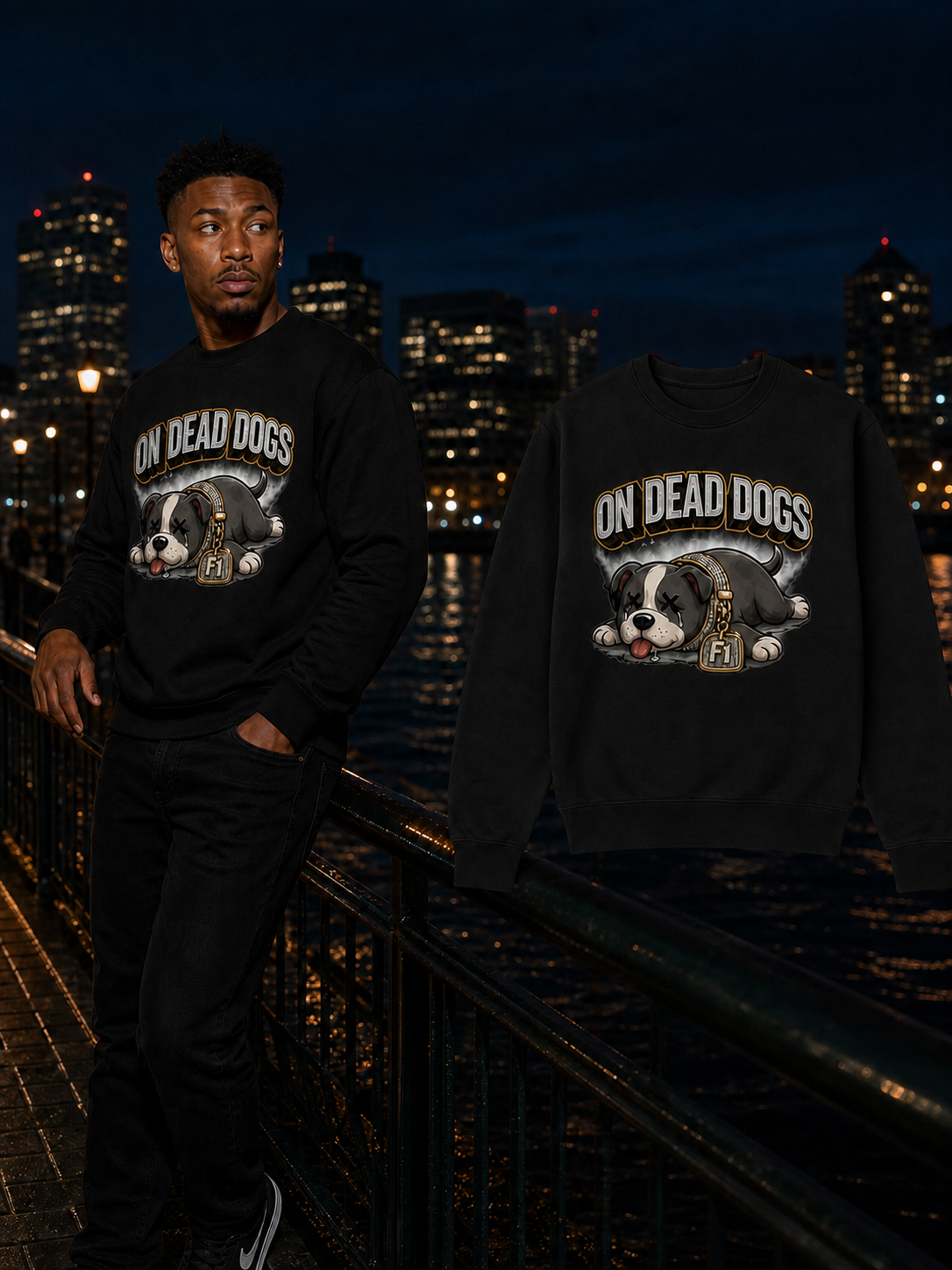 Black model wearing the Black On Dead Dogs crewneck beside the matching garment in Boston