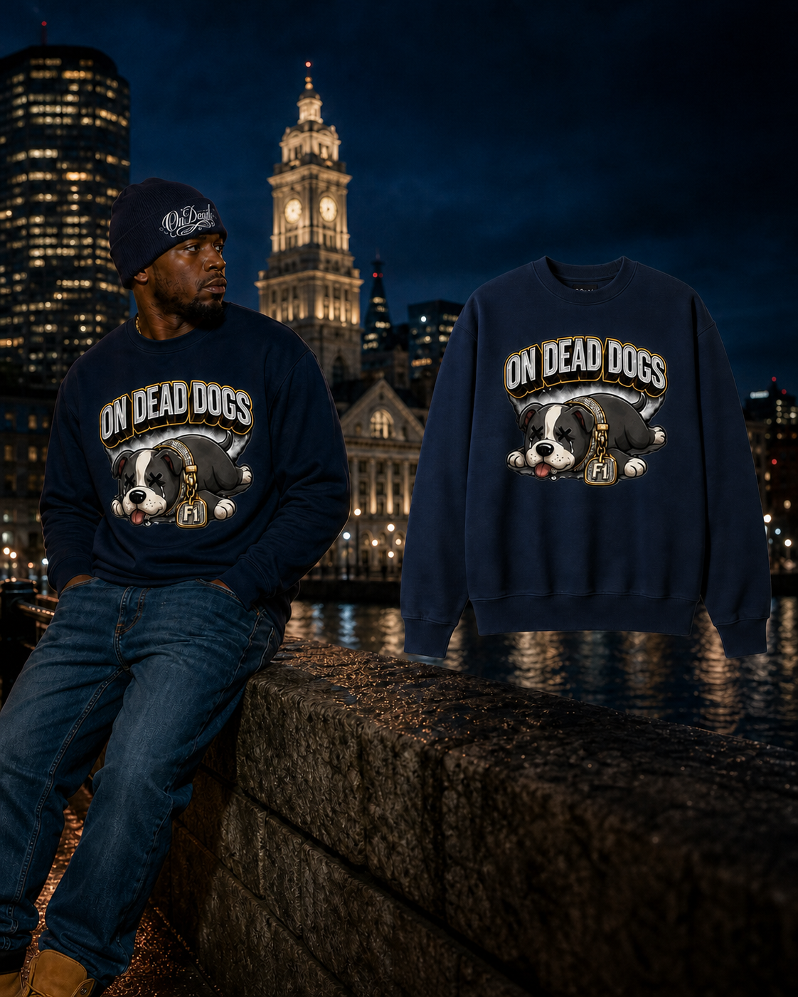 Black model wearing the Navy On Dead Dogs crewneck beside the matching garment in Boston