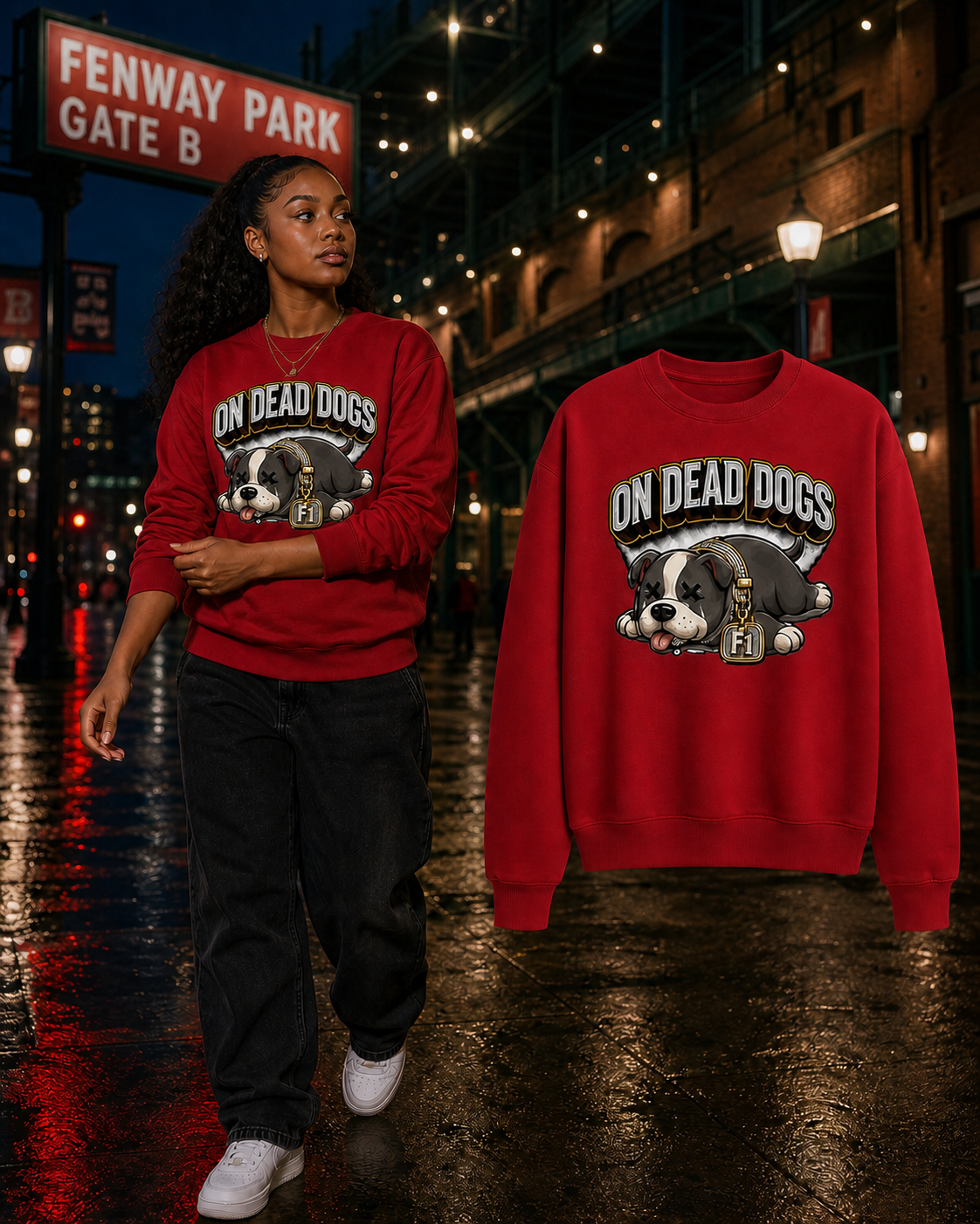 Black model wearing the Red On Dead Dogs crewneck beside the matching garment in Boston