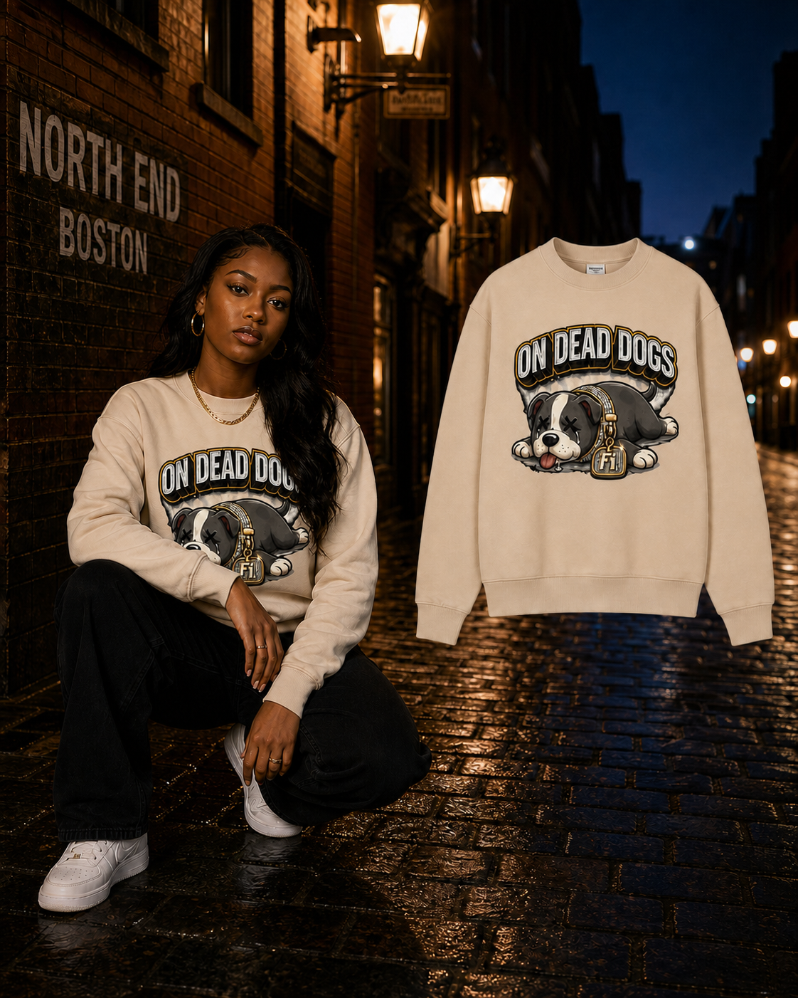 Black model wearing the Sand On Dead Dogs crewneck beside the matching garment in Boston