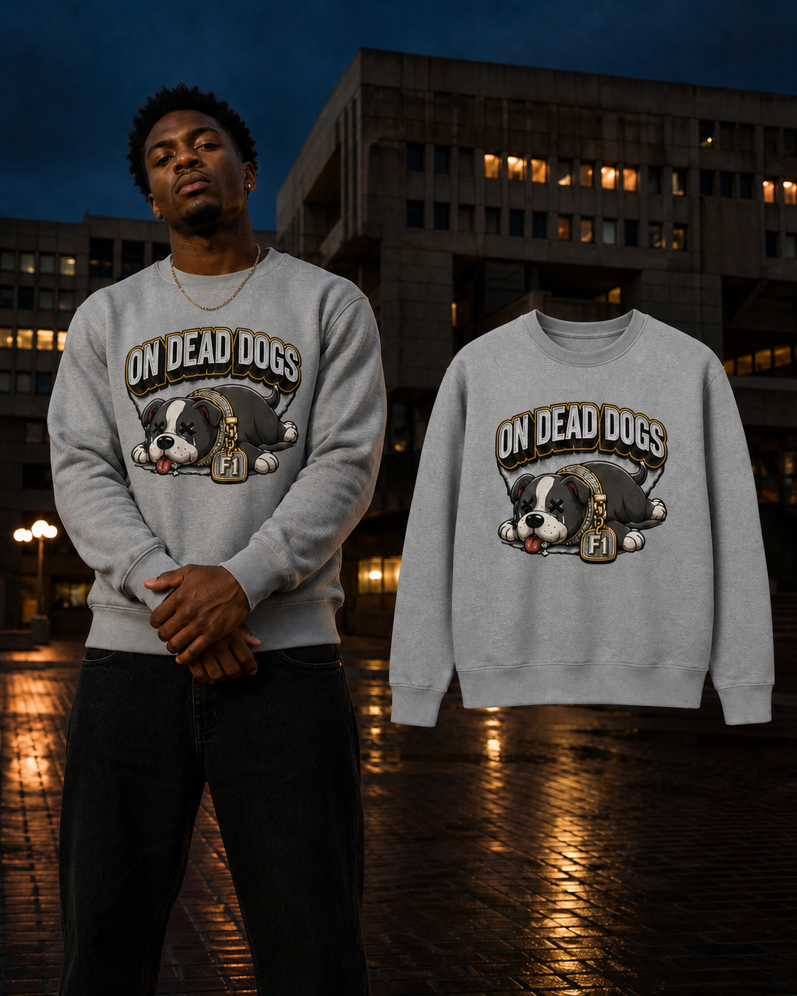 Black model wearing the Sport Grey On Dead Dogs crewneck beside the matching garment in Boston