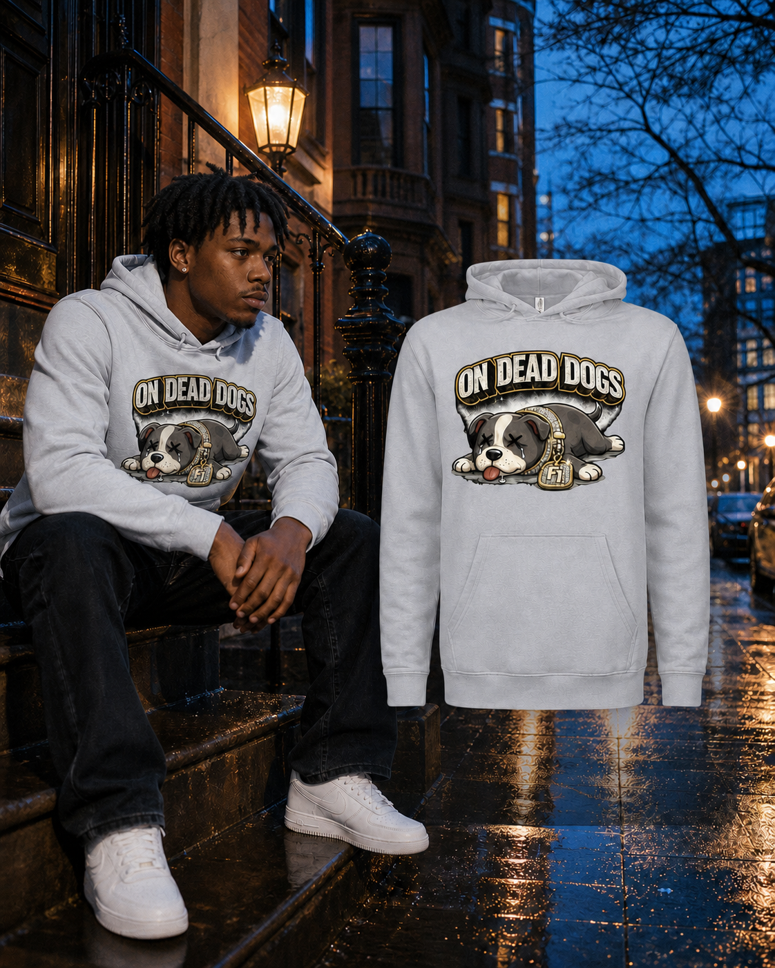 Black model wearing the Ash Heather On Dead Dogs hoodie beside the matching garment in Boston