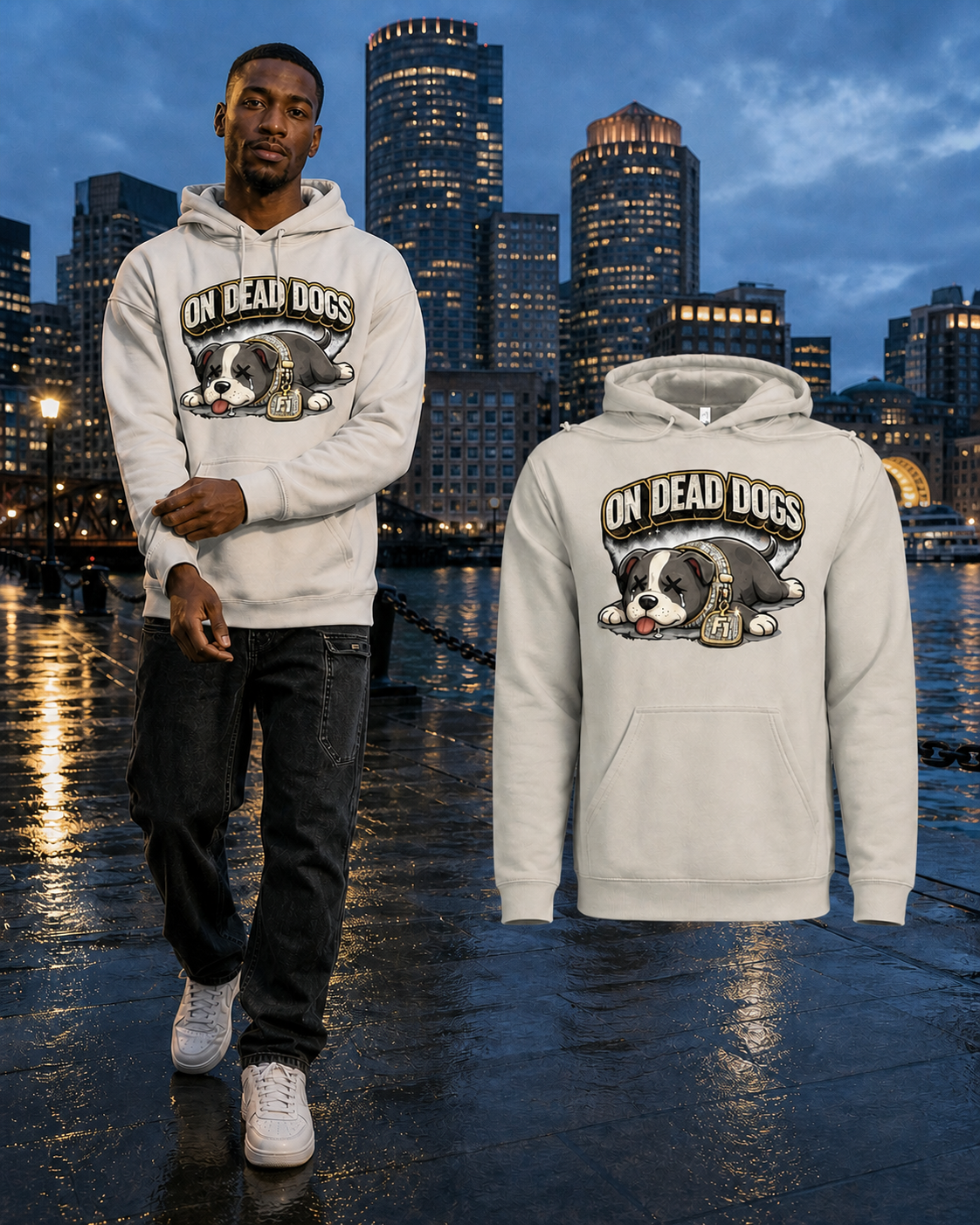 Black model wearing the Bone On Dead Dogs hoodie beside the matching garment in Boston