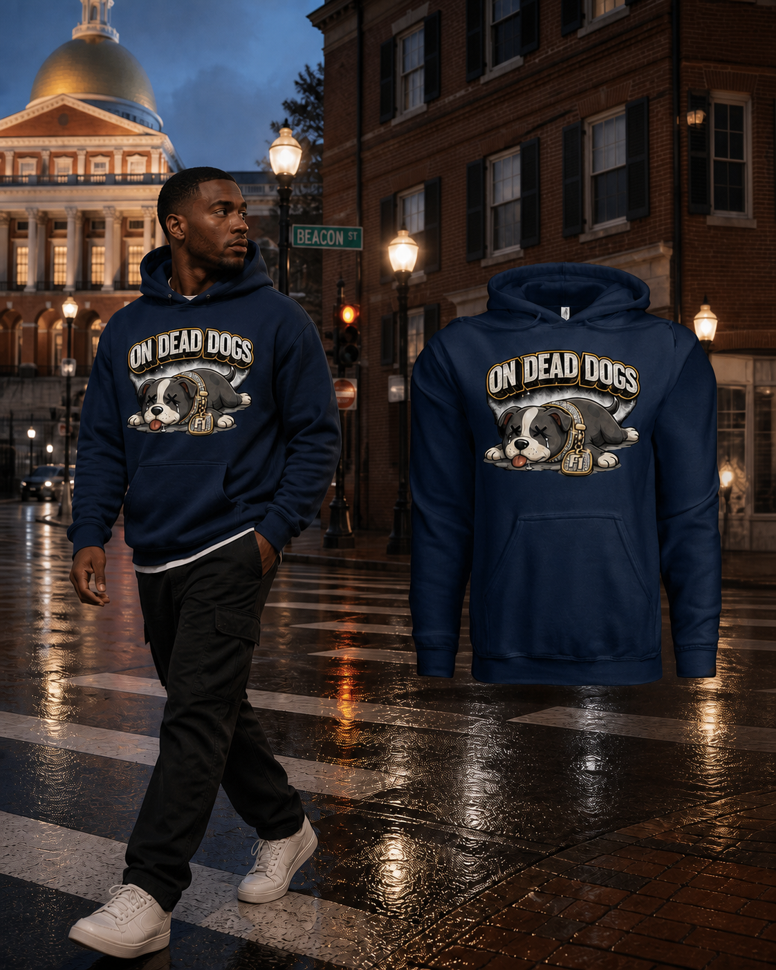 Black model wearing the Navy On Dead Dogs hoodie beside the matching garment in Boston