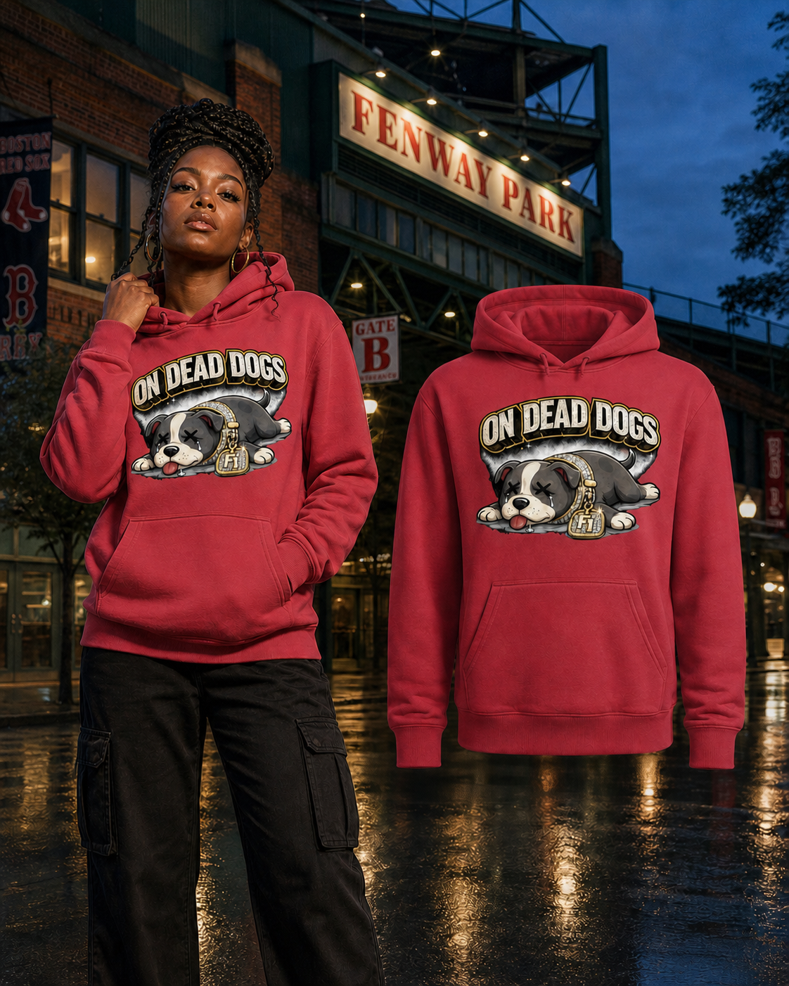 Black model wearing the Red On Dead Dogs hoodie beside the matching garment in Boston