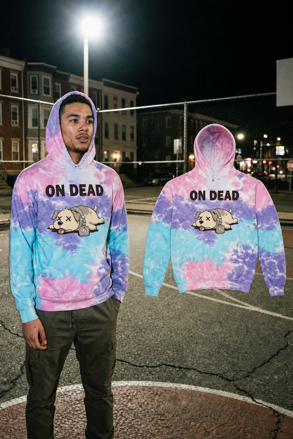 Male model wearing the Cotton Candy On Dead hoodie beside the matching floating garment on a Boston basketball court