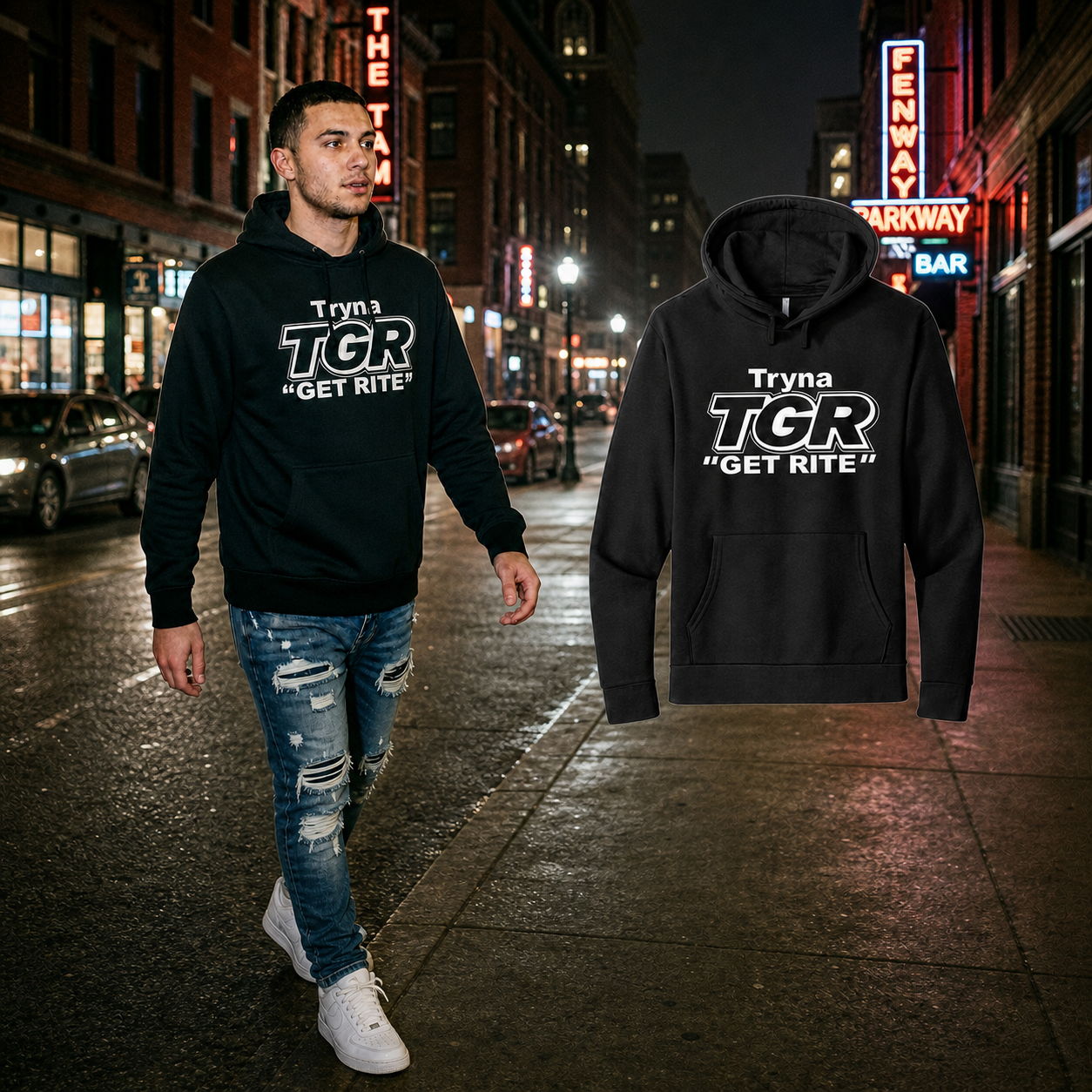 Original Black TGR hoodie model beside the matching fully visible floating garment on a Boston street at night