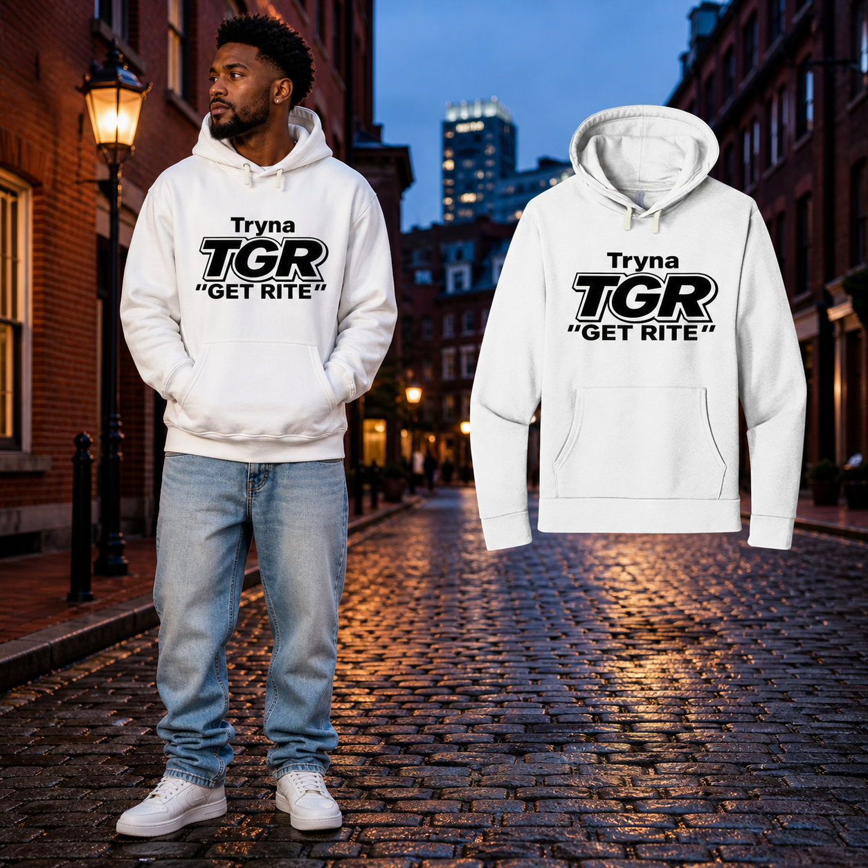 Black male model wearing the White TGR hoodie beside the matching fully visible floating garment on a Boston street