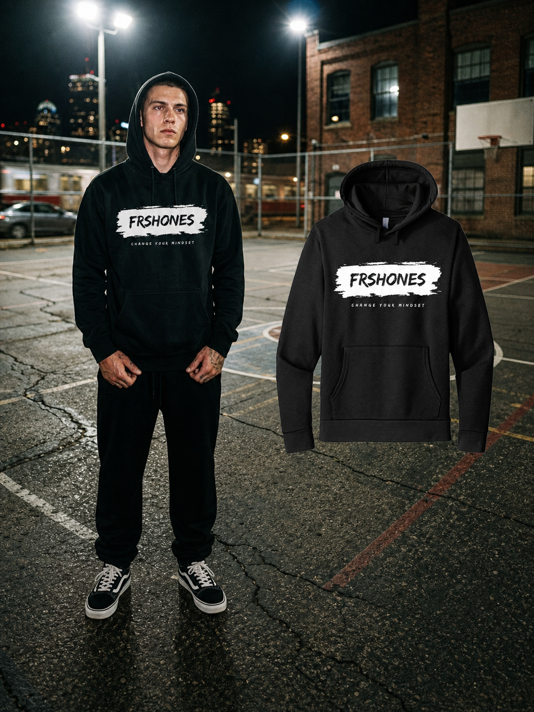 Different model wearing the Black Hoodie / White Stroke Premium Stroke of Genius hoodie beside the matching floating garment in Boston