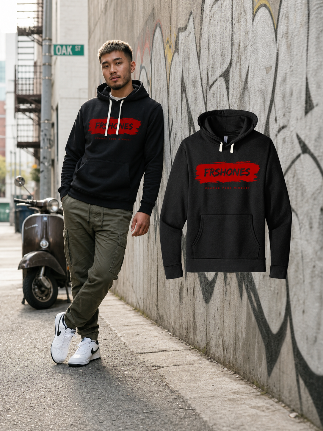 Different model wearing the Black Hoodie / Red Stroke Premium Stroke of Genius hoodie beside the matching floating garment in Boston