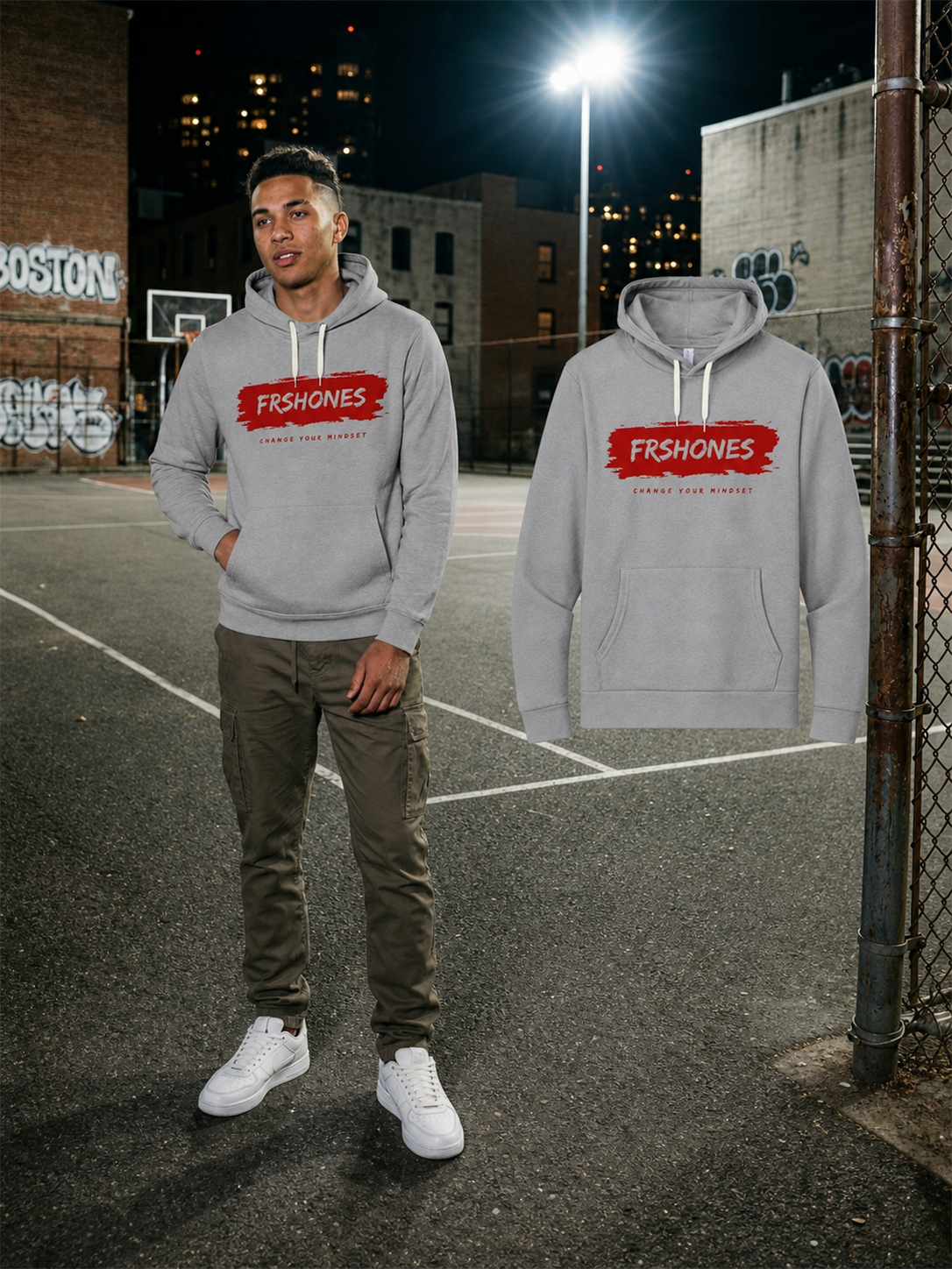 Different model wearing the Lead Grey Hoodie / Red Stroke Premium Stroke of Genius hoodie beside the matching floating garment in Boston
