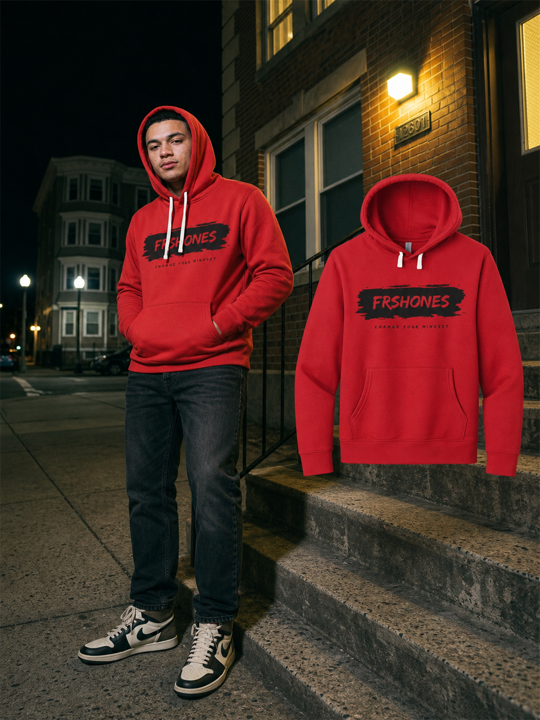 Different model wearing the Red Hoodie / Black Stroke Premium Stroke of Genius hoodie beside the matching floating garment in Boston