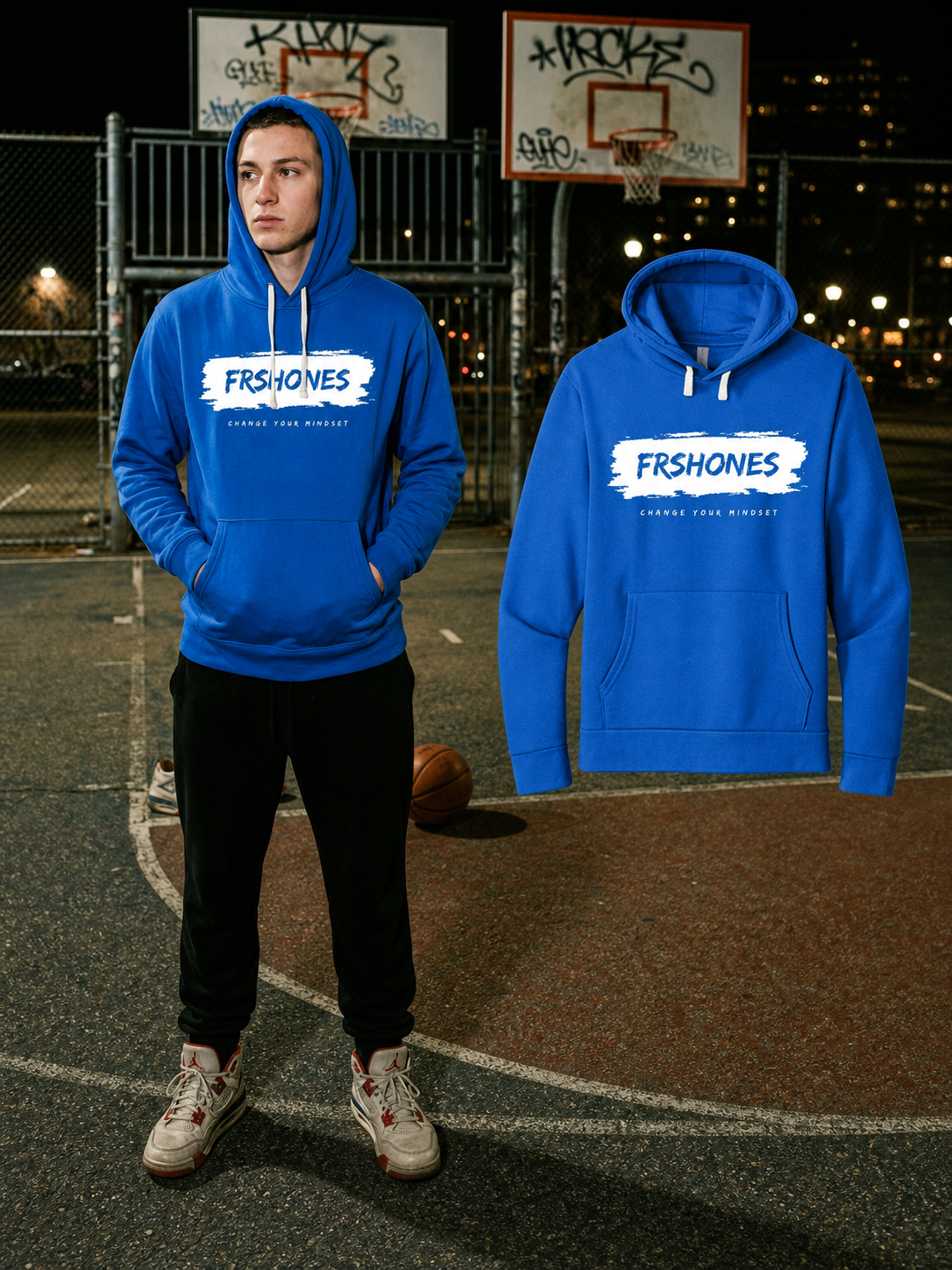 Different model wearing the Royal Hoodie / White Stroke Premium Stroke of Genius hoodie beside the matching floating garment in Boston