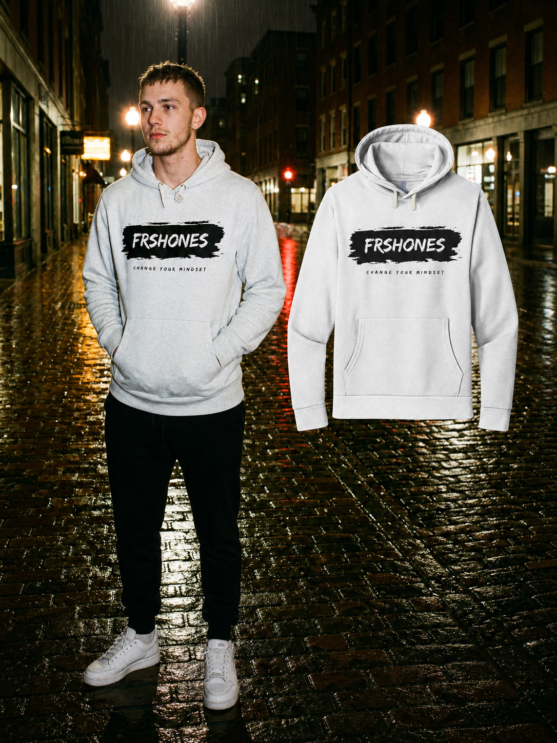 Different model wearing the White Hoodie / Black Stroke Premium Stroke of Genius hoodie beside the matching floating garment in Boston
