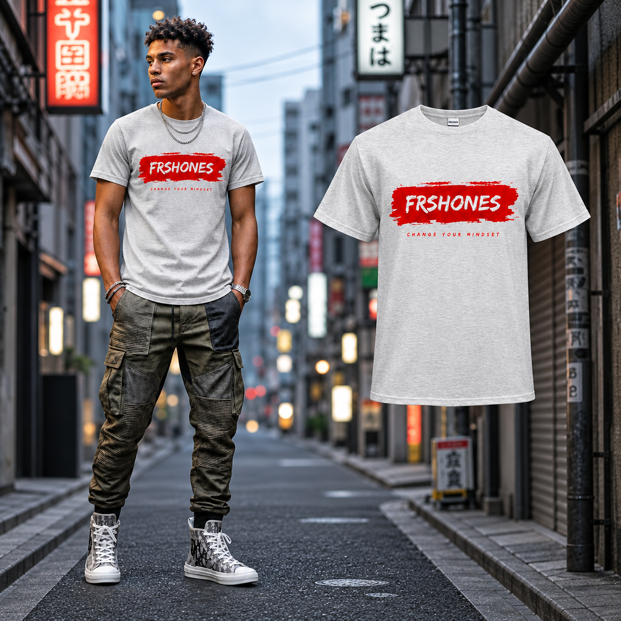 Ash Stroke of Genius T-shirt model beside the matching floating garment