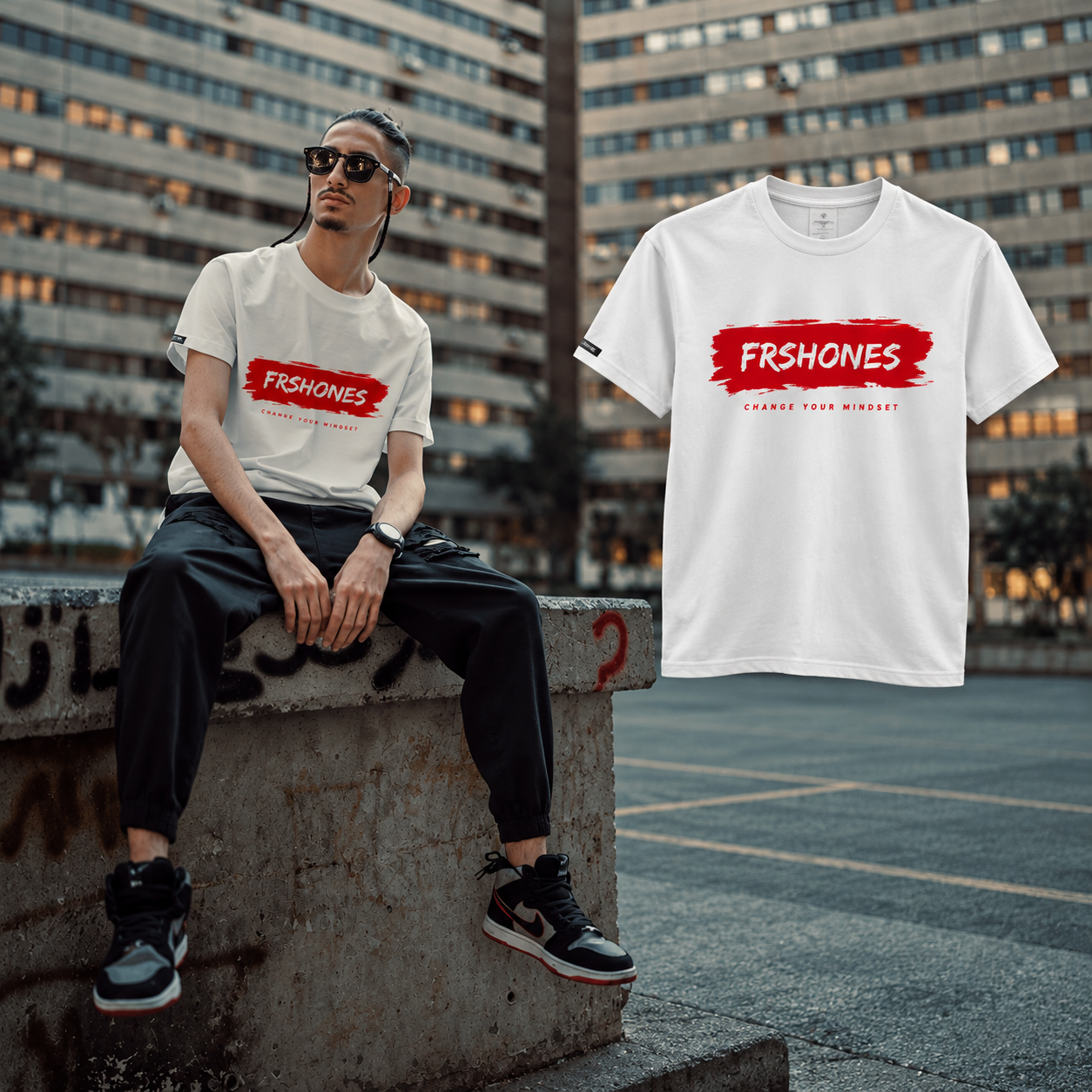 White Stroke of Genius T-shirt model beside the matching floating garment