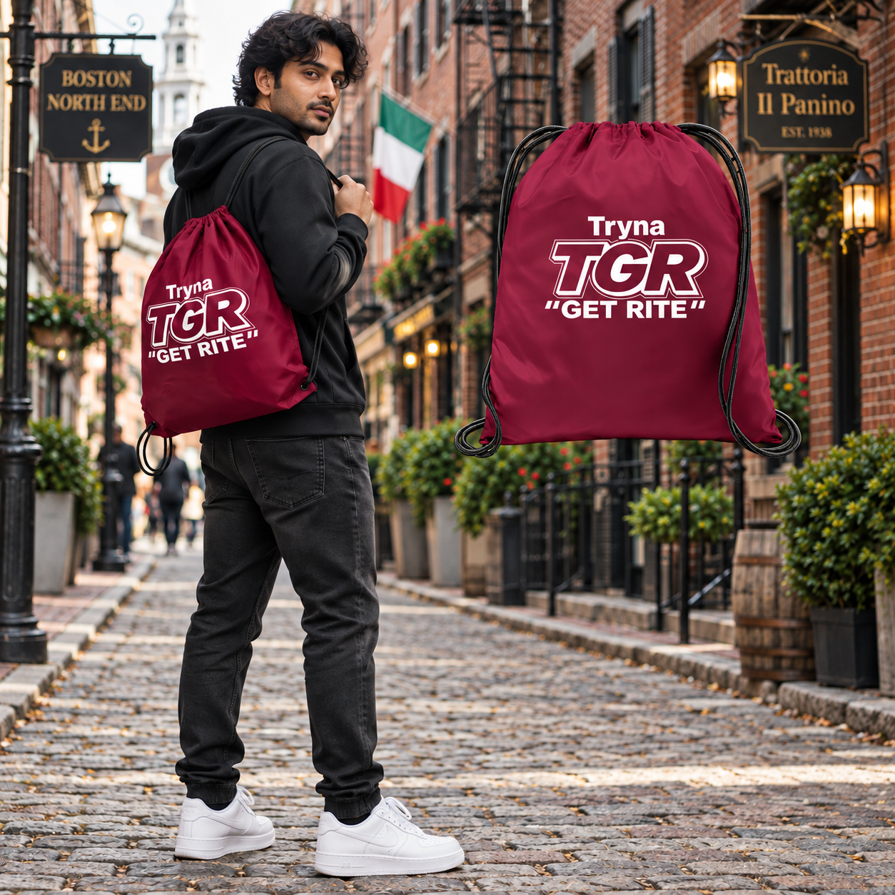 Model carrying the Cardinal TGR bag beside its matching floating bag in Boston