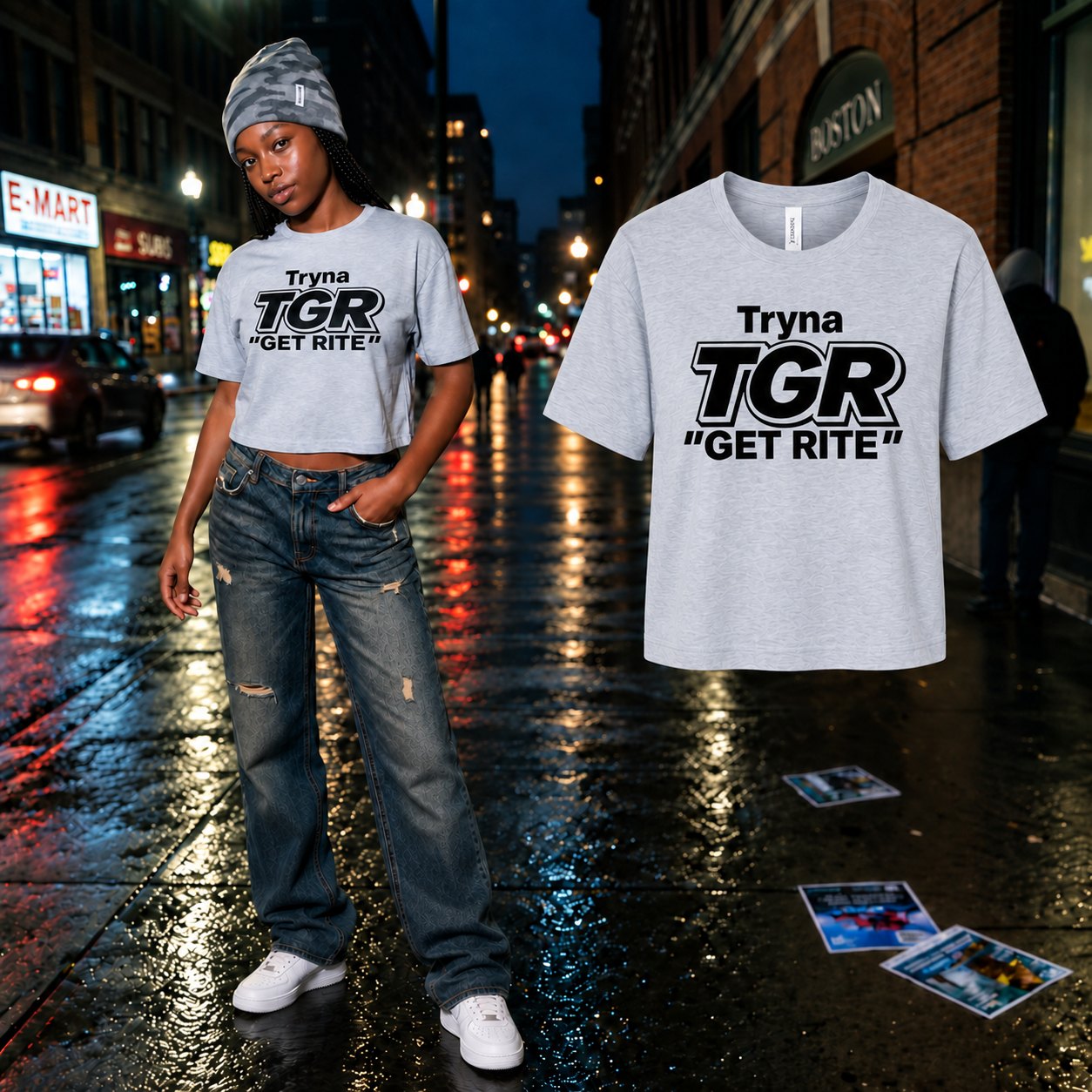 Athletic Heather TGR crop tee model beside the matching shoulder-height floating garment on a Boston street at night