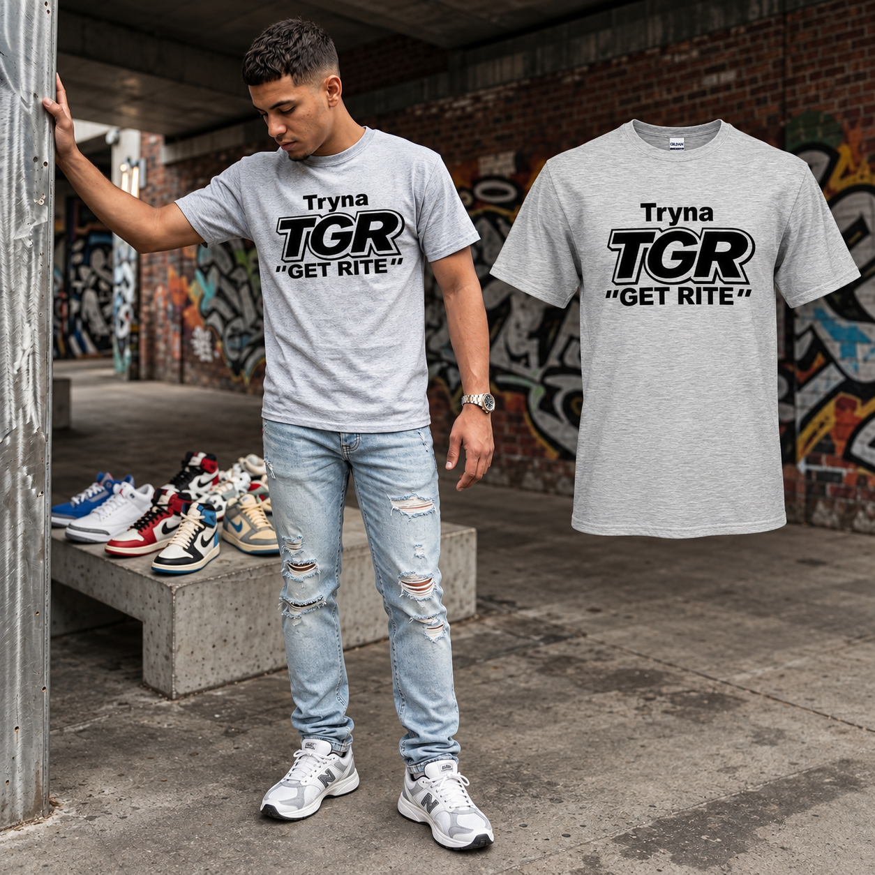 Ash TGR T-shirt model beside the matching floating garment in the original setting