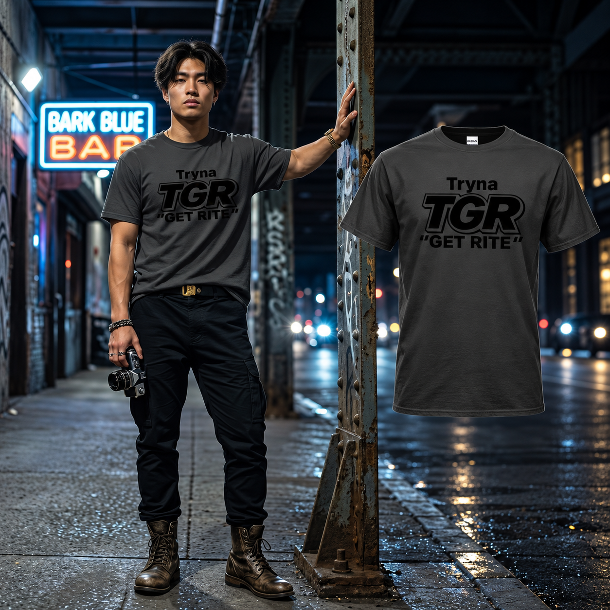 Black TGR T-shirt model beside the matching floating garment in the original setting