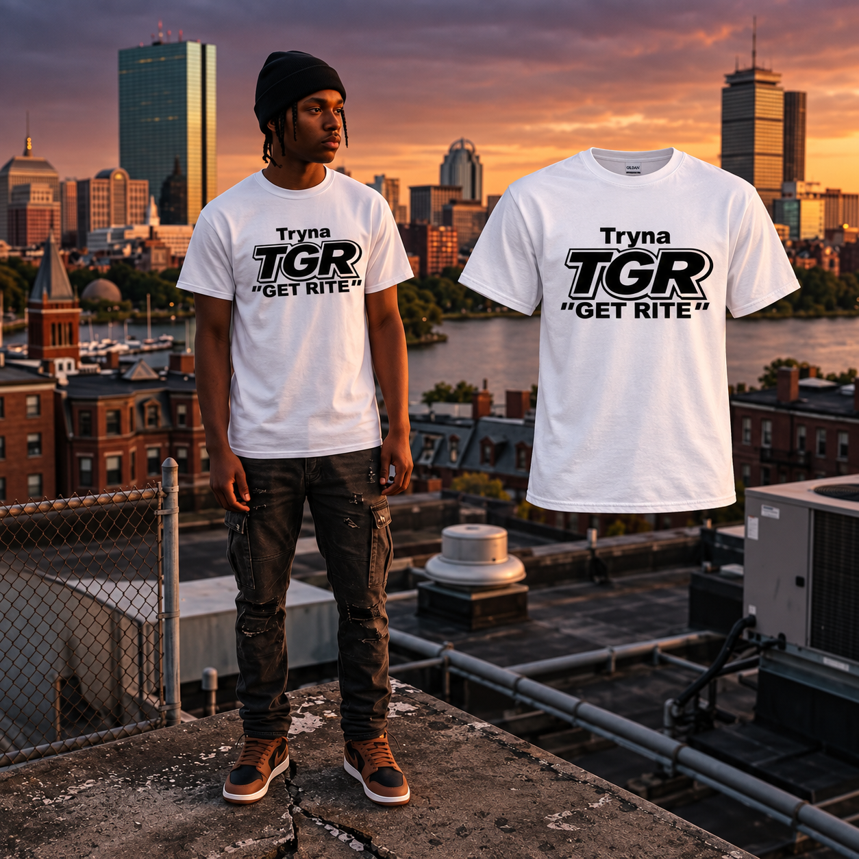 White TGR T-shirt model beside the matching floating garment in the original setting