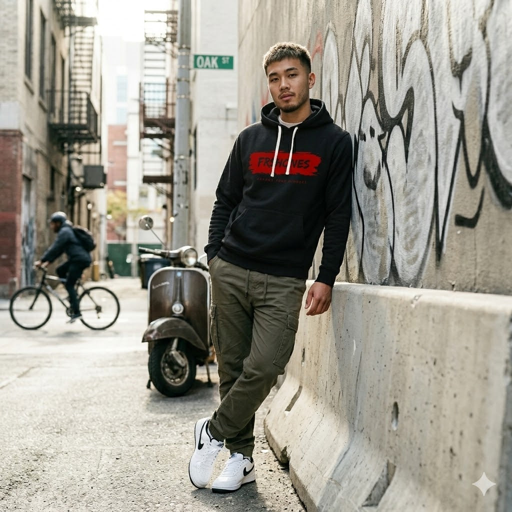 Man wearing a black hoodie with red logo leaning against a graffiti-covered wall.