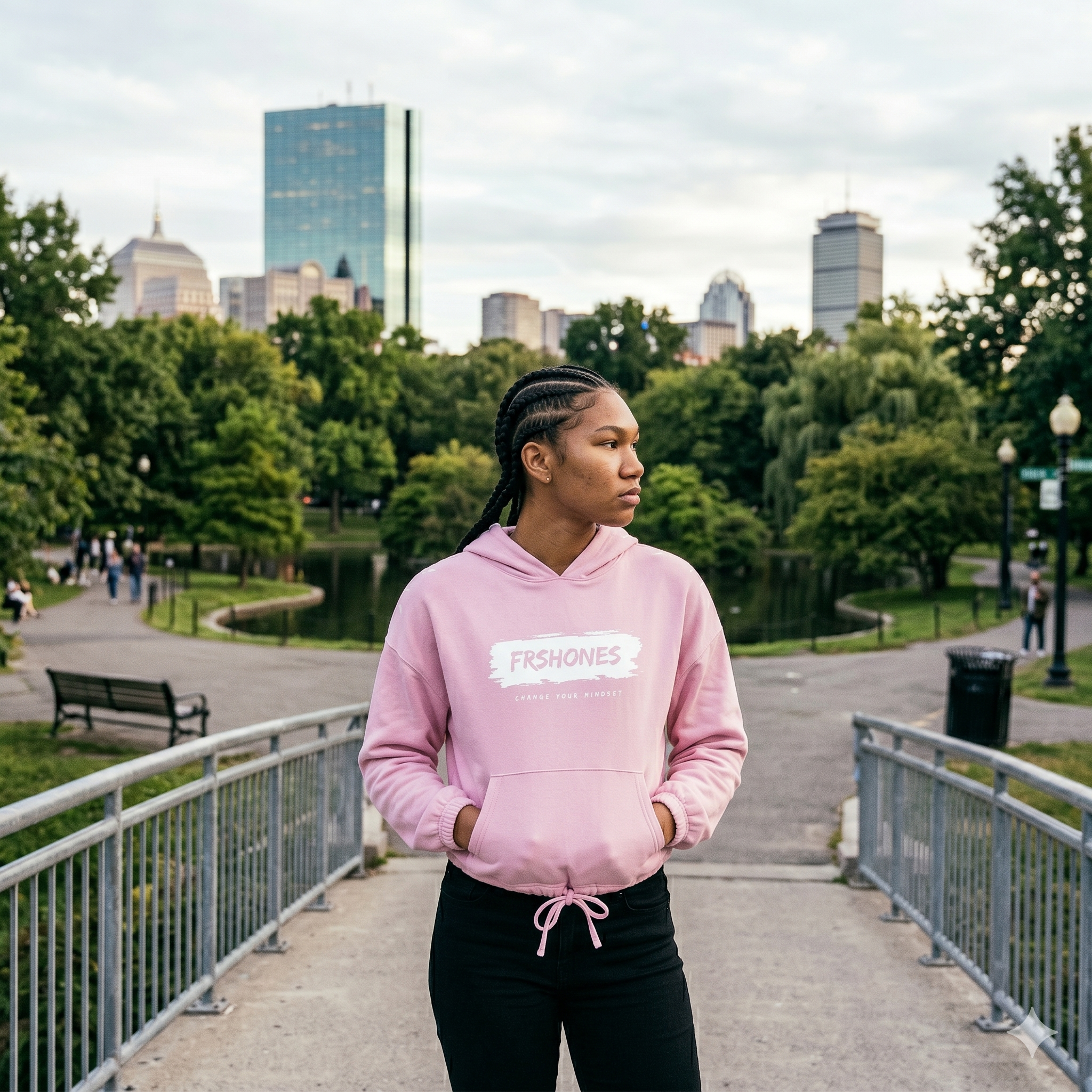 Person wearing a pink hoodie with a cityscape in the background