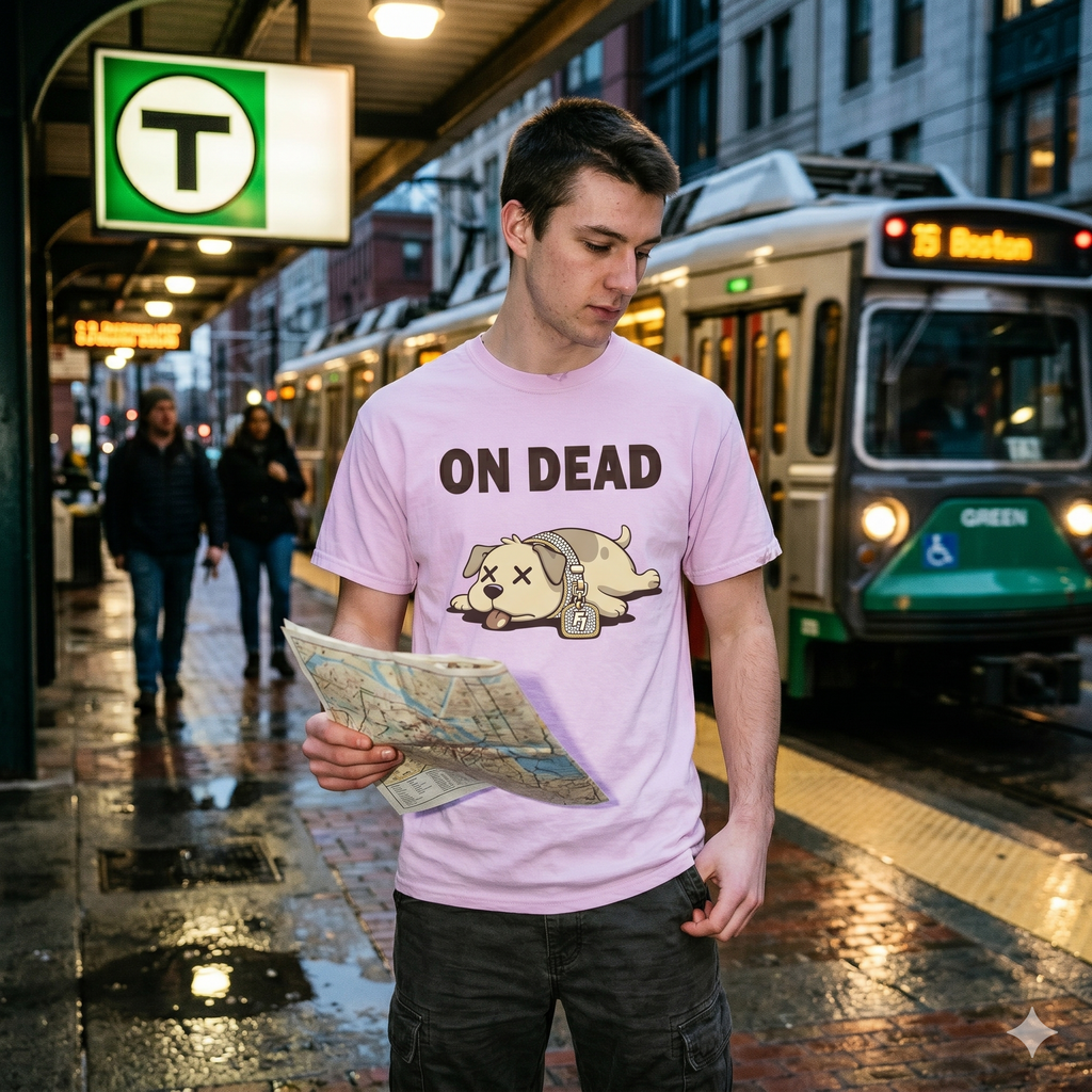 Man in a pink t-shirt with 'On Dead' graphic reading a map at a city bus stop.