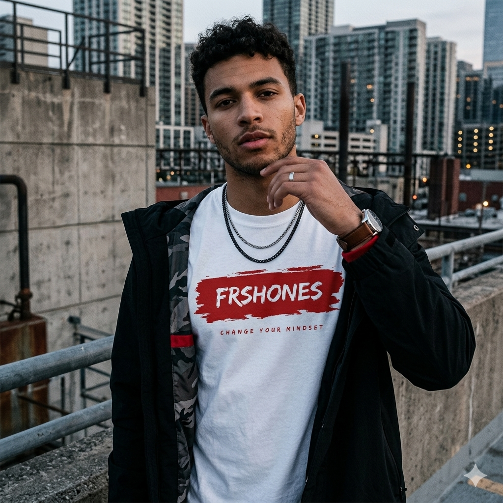 Man wearing a white t-shirt with 'FRSHONES' logo in an urban setting