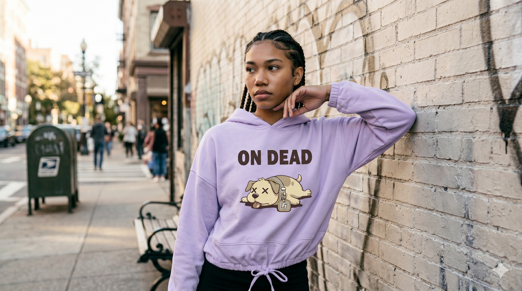 Person wearing a purple hoodie with 'On Dead' text and graphic, leaning against a wall on a city street.