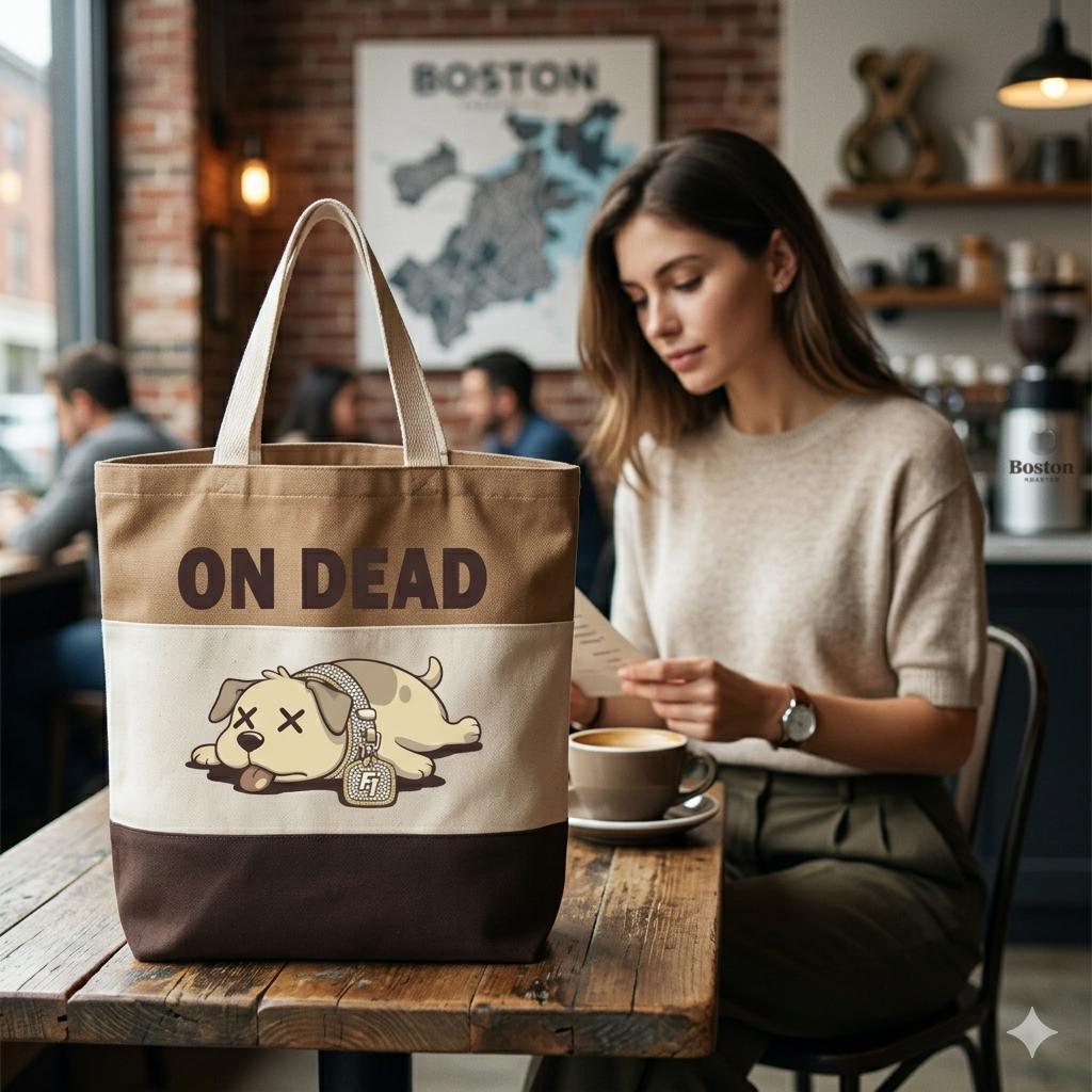 Woman sitting at a table with a tote bag featuring 'ON DEAD' text and graphic design.