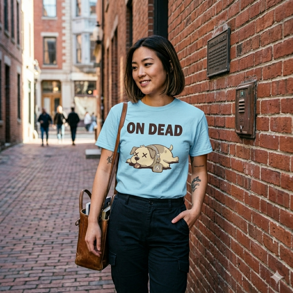 Woman wearing a light blue t-shirt with a graphic design and text, standing on a city street.