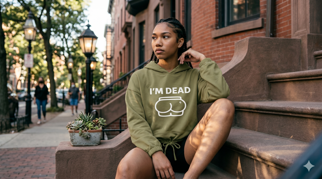 Person wearing a green hoodie with text sitting on steps outdoors
