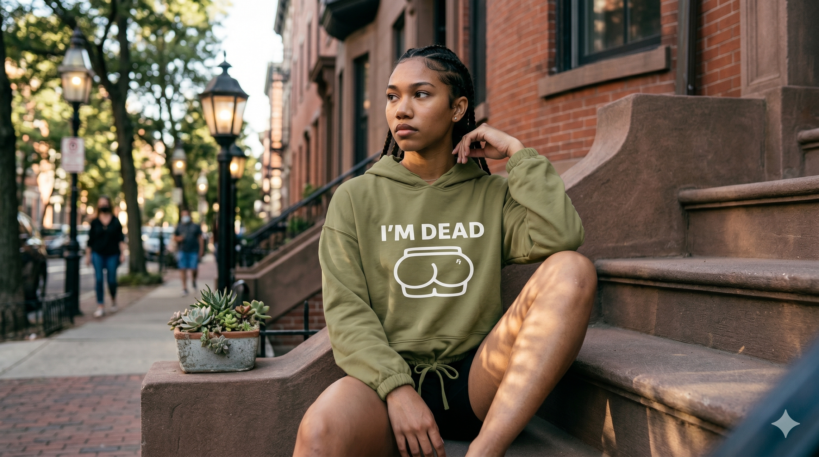 Person wearing a green hoodie with text sitting on steps outdoors