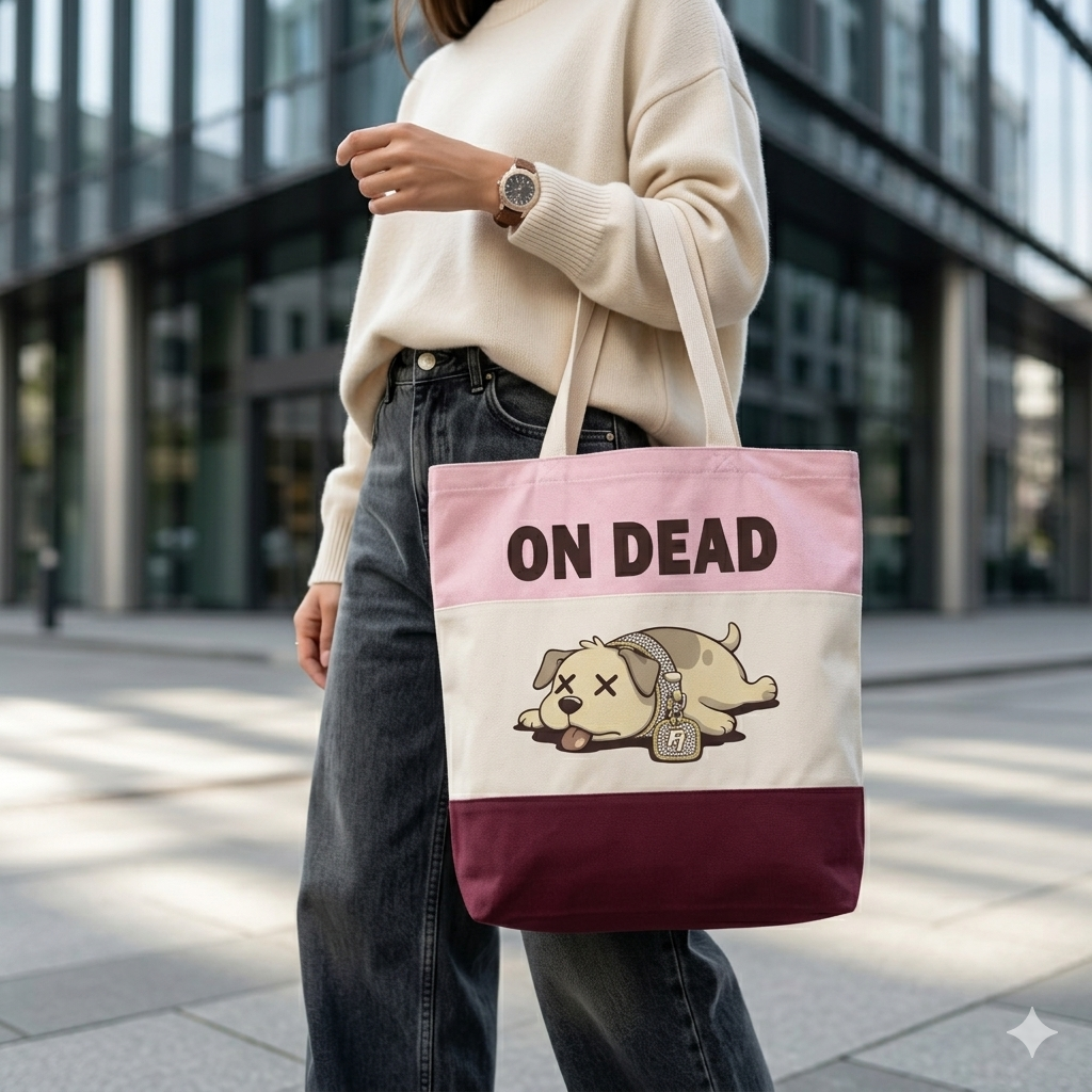 Person holding a tote bag with 'ON DEAD' and a dog graphic design in an urban setting.
